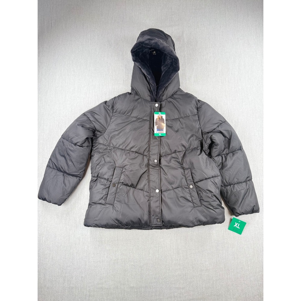 32 Degrees Heat Womens Black Faux Fur Lined Hooded Puffer Jacket XL NWT 1896895